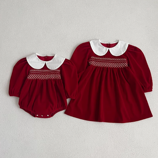 スティッチングレッドロンパース&ワンピース 60cm~130cm