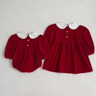 スティッチングレッドロンパース&ワンピース 60cm~130cm