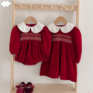 スティッチングレッドロンパース&ワンピース 60cm~130cm