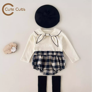 リボンタイロンパース ベビー おしゃれ 新生児 冬服 秋冬 春服 60cm~90cm