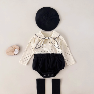 リボンタイロンパース ベビー おしゃれ 新生児 冬服 秋冬 春服 60cm~90cm