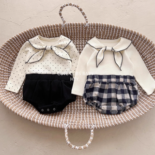 リボンタイロンパース ベビー おしゃれ 新生児 冬服 秋冬 春服 60cm~90cm