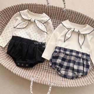 リボンタイロンパース ベビー おしゃれ 新生児 冬服 秋冬 春服 60cm~90cm