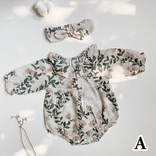 【ヘアバンド付き】コットンフラワーロンパース 60cm~90cm