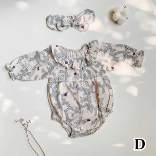 【ヘアバンド付き】コットンフラワーロンパース 60cm~90cm