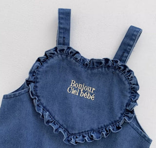 ハートフリルデニムロンパース60〜100cm