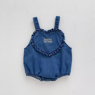 ハートフリルデニムロンパース60〜100cm