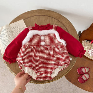 レッドチェックロンパース60~90cm