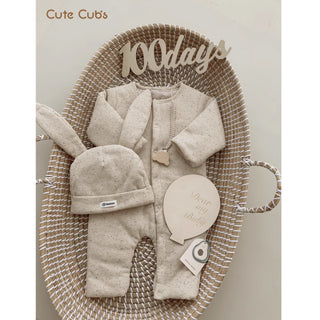 【帽子セット】ベージュうさちゃんオーガニックロンパース 60cm~90cm