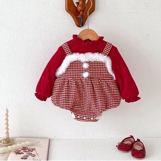 レッドチェックロンパース60~90cm