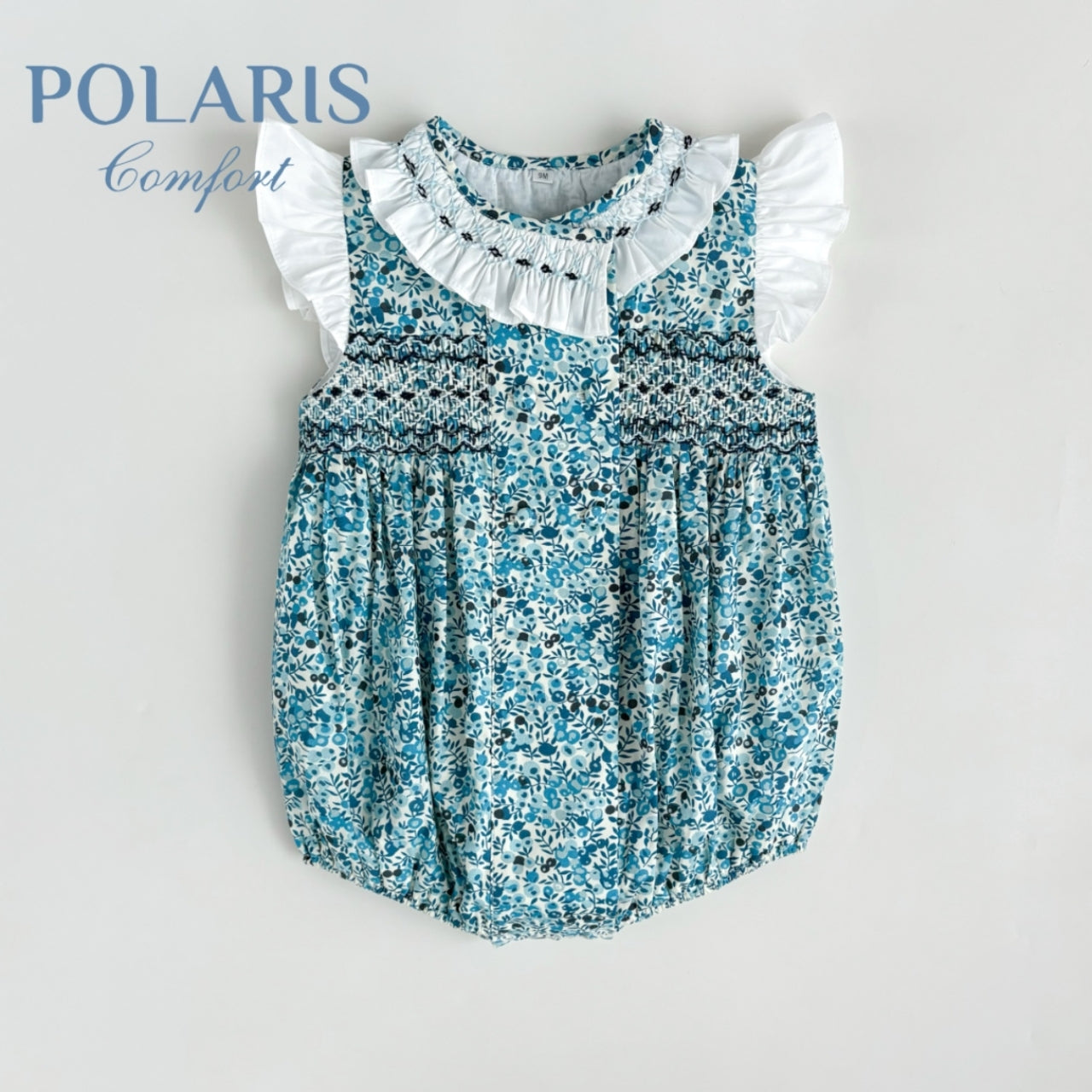 ブルーフラワーステッチロンパース 60cm～90cm｜ベビーのロンパース