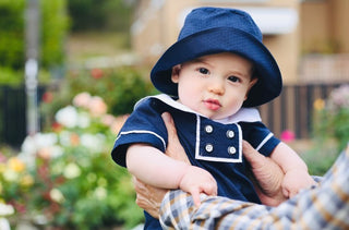 【即納商品】ダブルボタンネイビーロンパース半袖+帽子