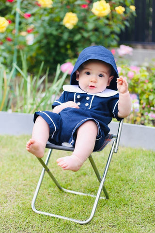 【即納商品】ダブルボタンネイビーロンパース半袖+帽子