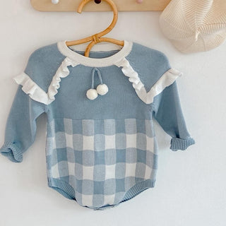 ブルーチェックロンパース66〜90cm