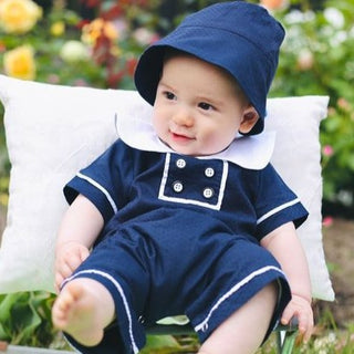【即納商品】ダブルボタンネイビーロンパース半袖+帽子
