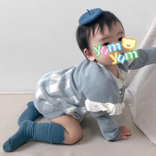 ブルーチェックロンパース66〜90cm