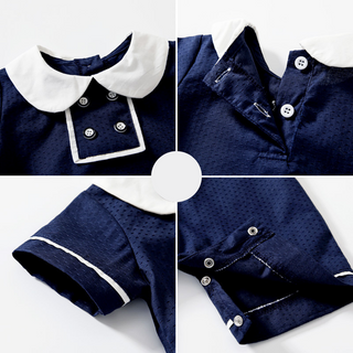 【即納商品】ダブルボタンネイビーロンパース半袖+帽子