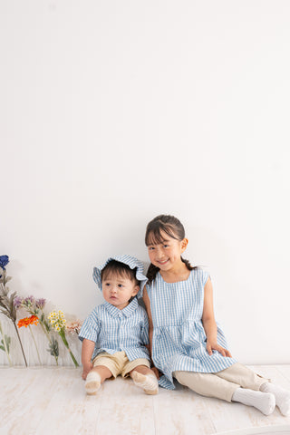 【即納商品】兄妹ブルーチェックコーデセット80〜140cm