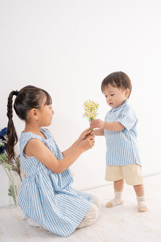 【即納商品】兄妹ブルーチェックコーデセット80〜140cm
