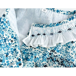 ブルーフラワーステッチロンパース　60cm～90cm