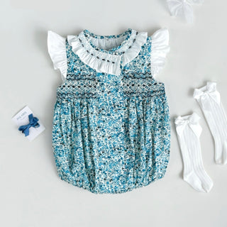 ブルーフラワーステッチロンパース　60cm～90cm