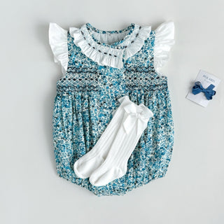 ブルーフラワーステッチロンパース　60cm～90cm