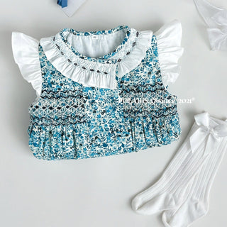 ブルーフラワーステッチロンパース　60cm～90cm