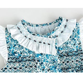 ブルーフラワーステッチロンパース　60cm～90cm