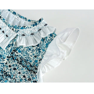 ブルーフラワーステッチロンパース　60cm～90cm