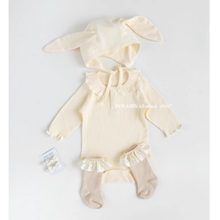 【帽子付き】リブホワイトラビットロンパース　59cm～80cm