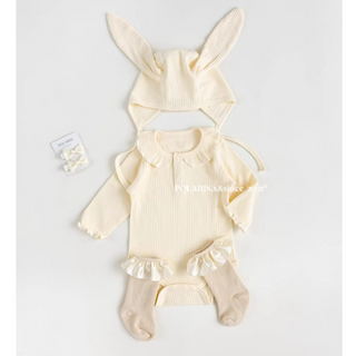 【帽子付き】リブホワイトラビットロンパース　59cm～80cm