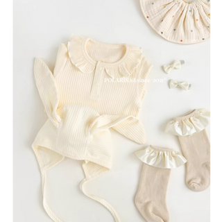 【帽子付き】リブホワイトラビットロンパース　59cm～80cm