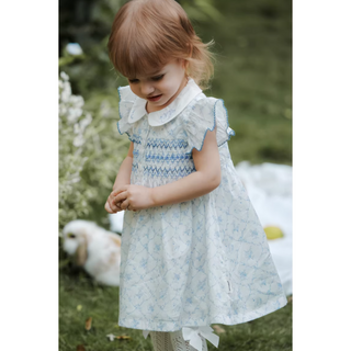 スティッチングブルーフラワーワンピース 80cm~120cm