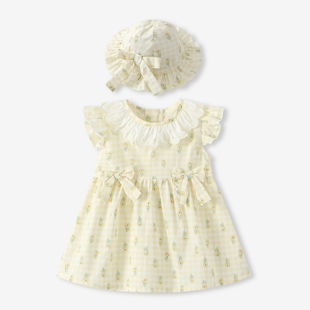 帽子付き】イエローフラワーワンピース 70cm~110cm|ベビーの 帽子付き】イエローフラワーワンピース 70cm~110cm|ベビーの