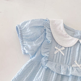 リボンリボンブルーロンパース　60cm～90cm