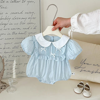 リボンリボンブルーロンパース　60cm～90cm