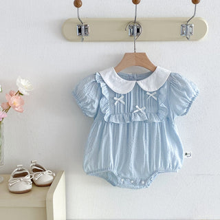 リボンリボンブルーロンパース　60cm～90cm