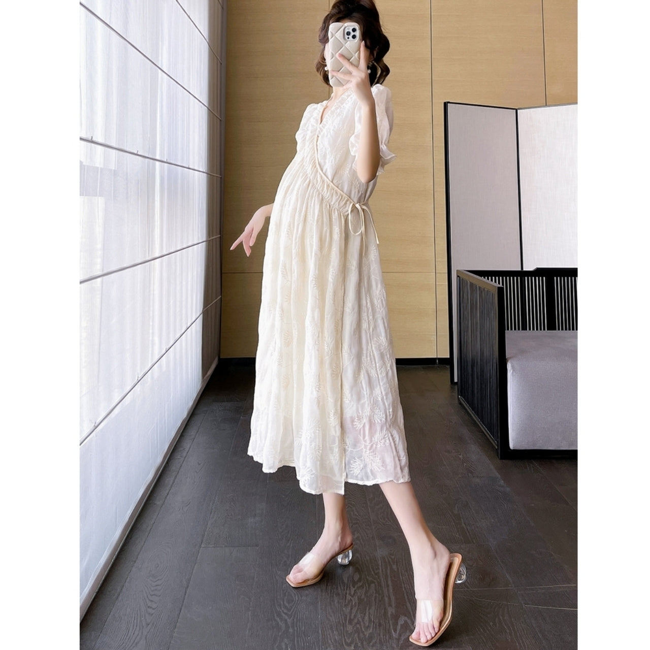 マタニティシフォンロングワンピース M～2XL｜マタニティウェア