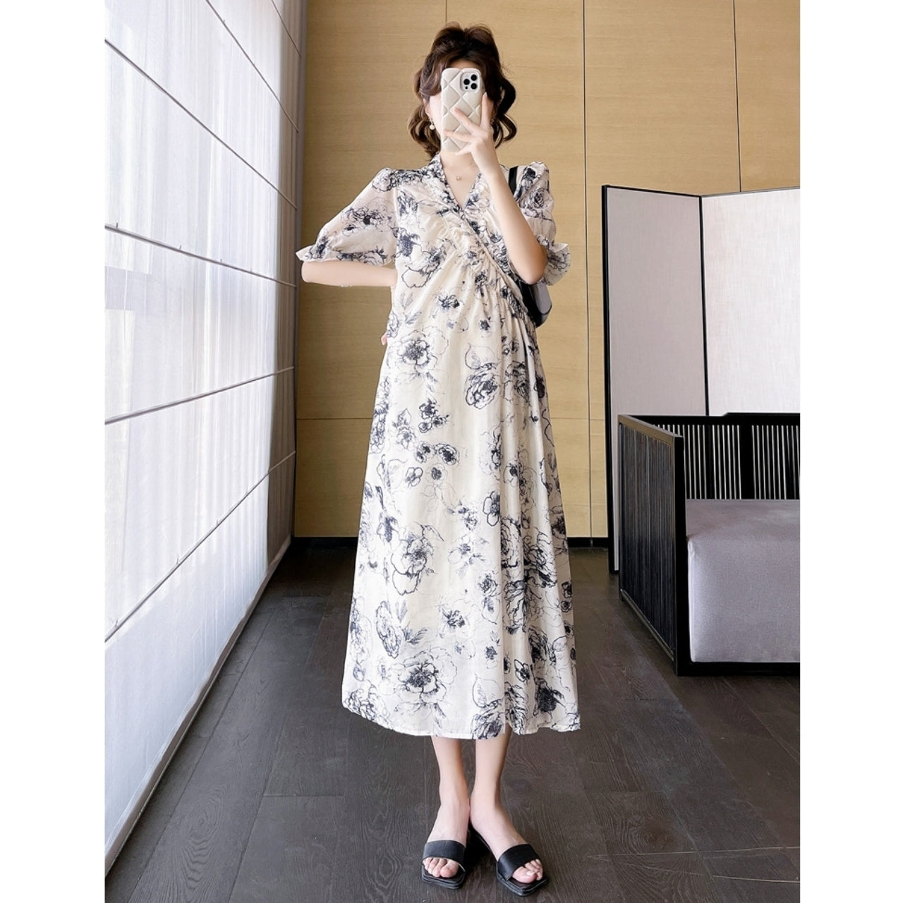 マタニティシフォンロングワンピース M～2XL｜マタニティウェア