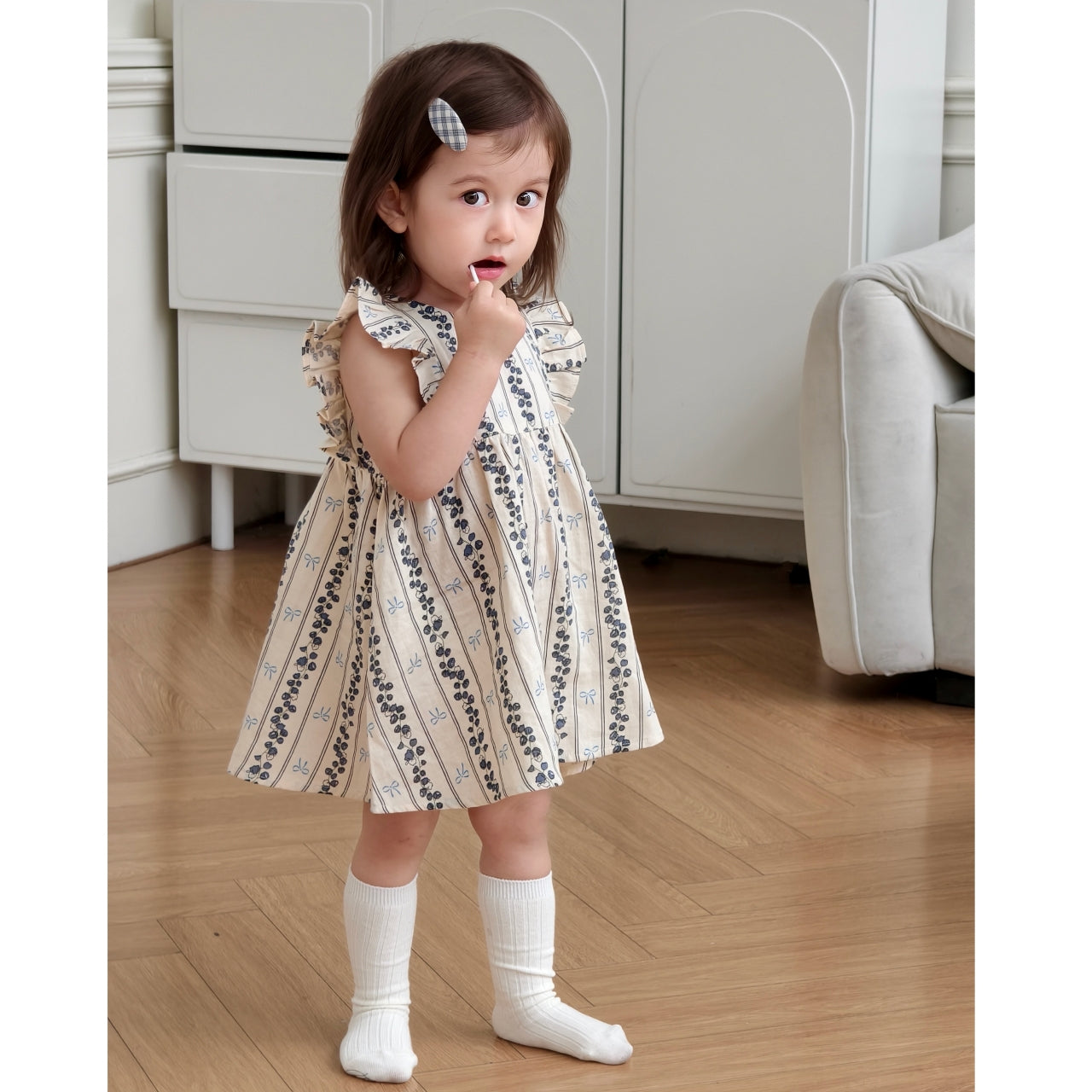 【ぴょん吉】めいちゃんワンピース 80cmお急ぎ ブルーフラワーリボンコットンワンピース 80cm~120cm｜ベビーの