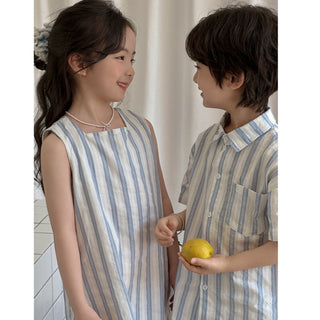 【リンクコーデ】ブルーコットンストライプセットアップ＆ワンピース 80cm~150cm