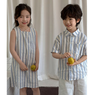 【リンクコーデ】ブルーコットンストライプセットアップ＆ワンピース 80cm~150cm