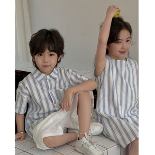 【リンクコーデ】ブルーコットンストライプセットアップ＆ワンピース 80cm~150cm