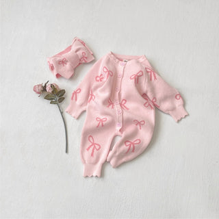 【2点セット】ピンクリボンニットロンパース&ヘッドリボンセット 60cm~90cm