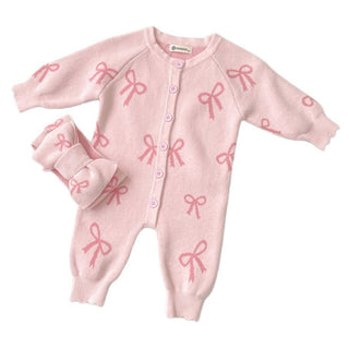 【2点セット】ピンクリボンニットロンパース&ヘッドリボンセット 60cm~90cm