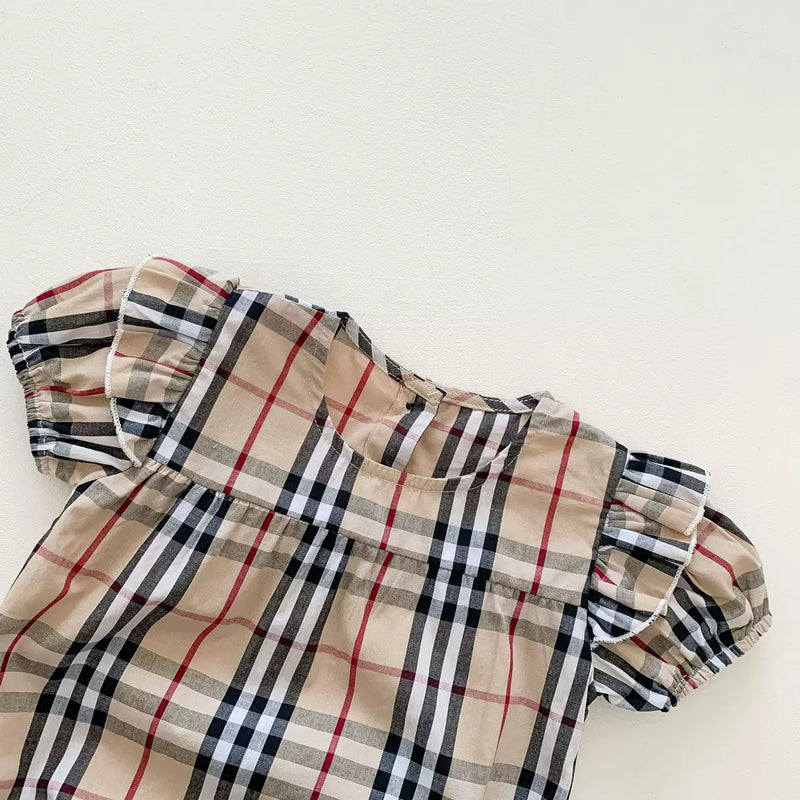 ベージュチェックロンパース60〜90cm